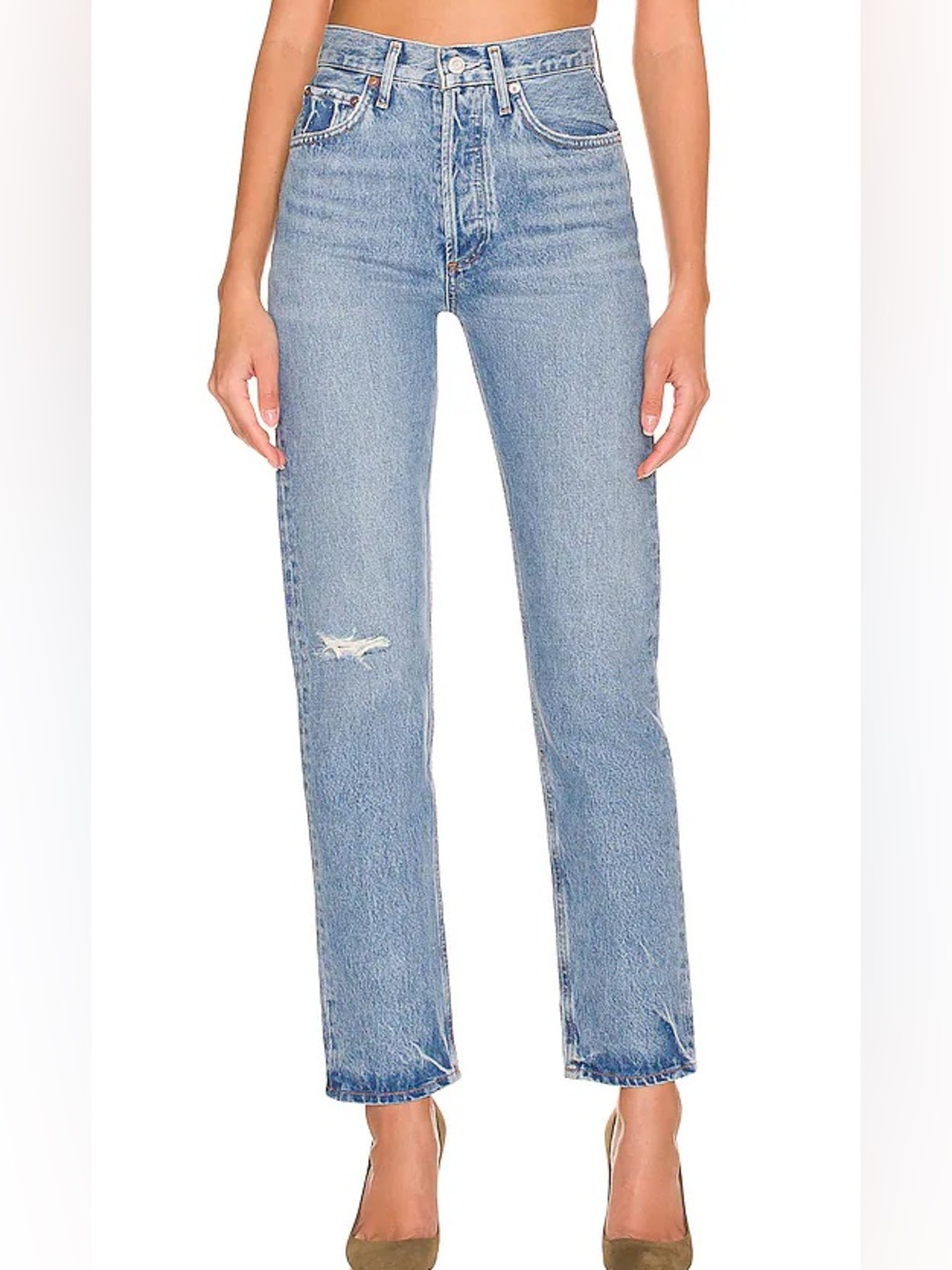 Agolde Light Blue Straight Leg Jeans with Subtle Distress